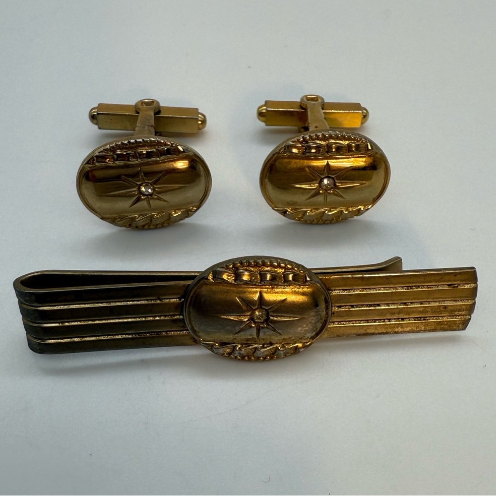 Vintage Gold-Tone Cufflink & Tie Clip Set Star Design w/ Faux Diamond Stone Gift